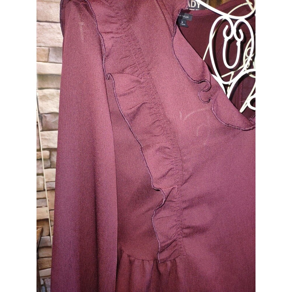 Sz Med Ann Taylor Loft Burgundy Top Blouse Ruffled LS Babydoll - Picture 3 of 6
